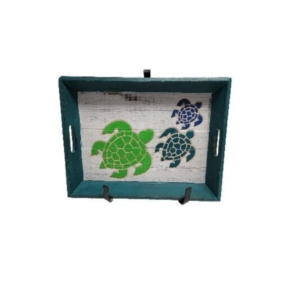 Sea Turtle Wood Tray Hand Painted Turtles Hand Carved Green Blue Serving Tray - Picture 10 of 10